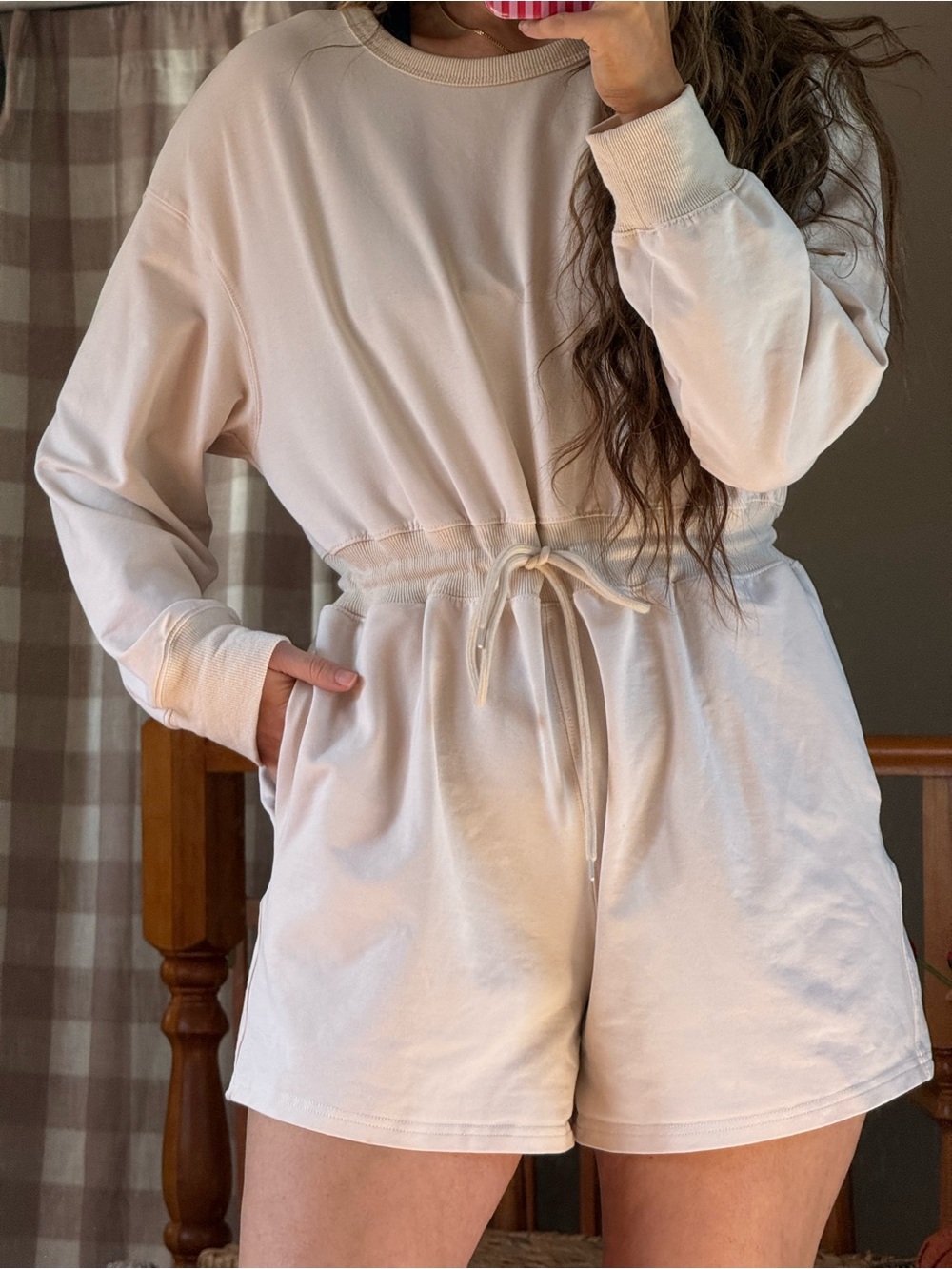 Amazon Cream Long-Sleeve Drawstring Lounge Romper